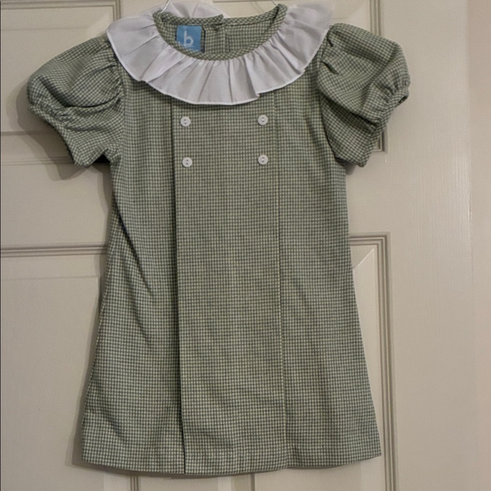 bella bliss Green Checkered Dress (wool/cotton) with White Ruffle Collar